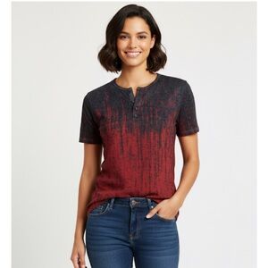 Faded Print Notched Neck Henley Top, Women’s M, Burgundy Gray